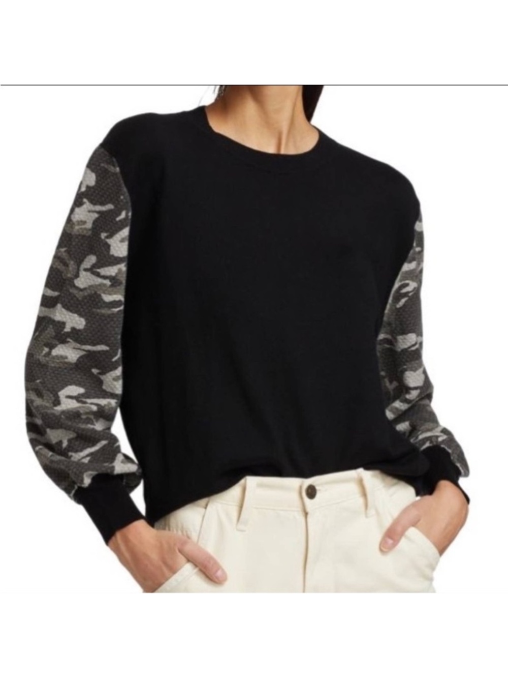 MONROW Black Cotton Cashmere Pullover Sweater Gray Camo Sleeves Size L
